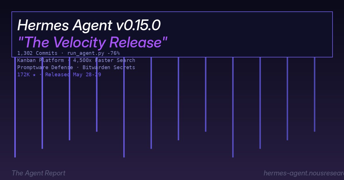 Hermes Agent v0.15.0 'Velocity' + v0.15.1 Hotfix: run_agent.py -76%, Kanban as a Platform, and 172K Stars